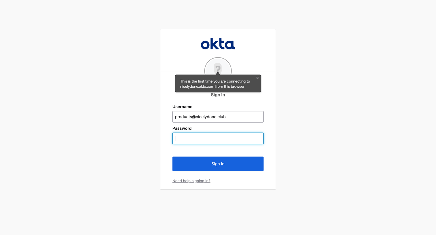 Okta - Sign In screen