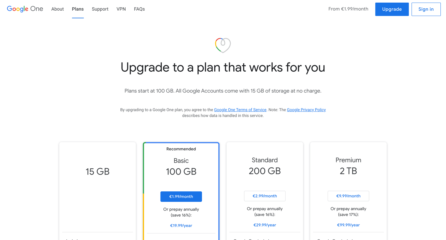 Google One - Plans and pricing – Google One screen