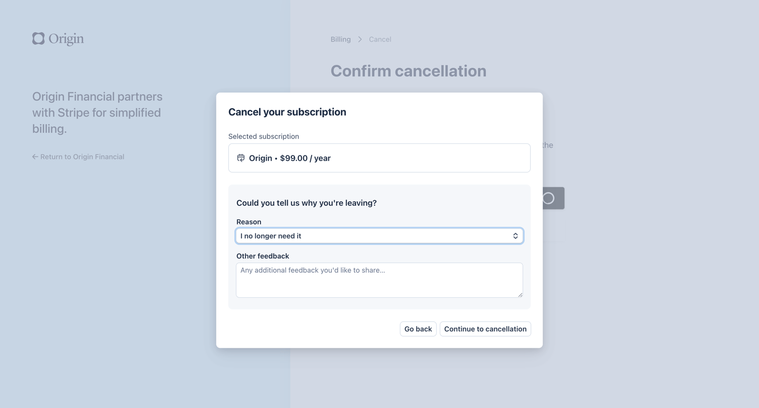 Origin Financial - Cancel subscription | Origin Financial Billing screen