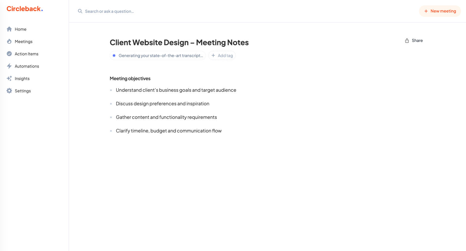 Circleback - Client Website Design – Meeting Notes - Circleback screen