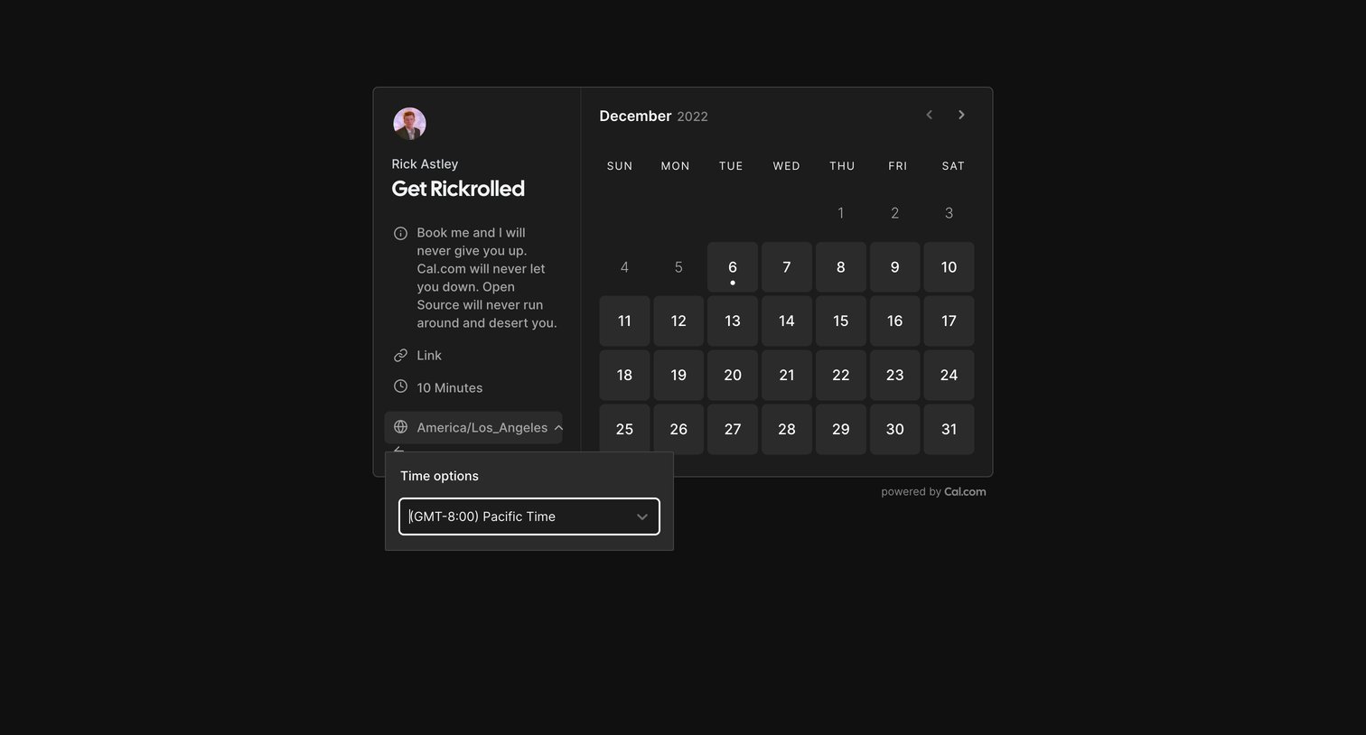 Cal.com - Get Rickrolled | Rick Astley Cal.com screen