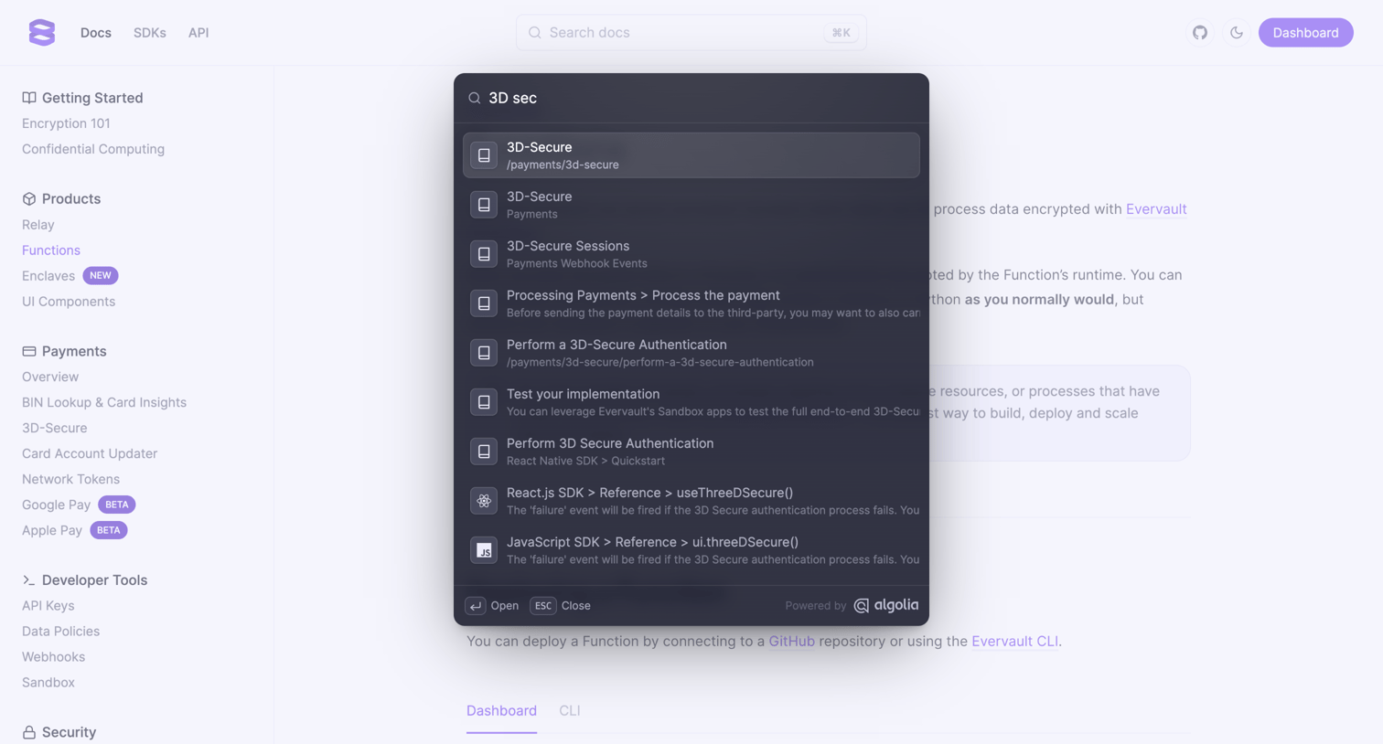 Evervault - Functions - Docs screen