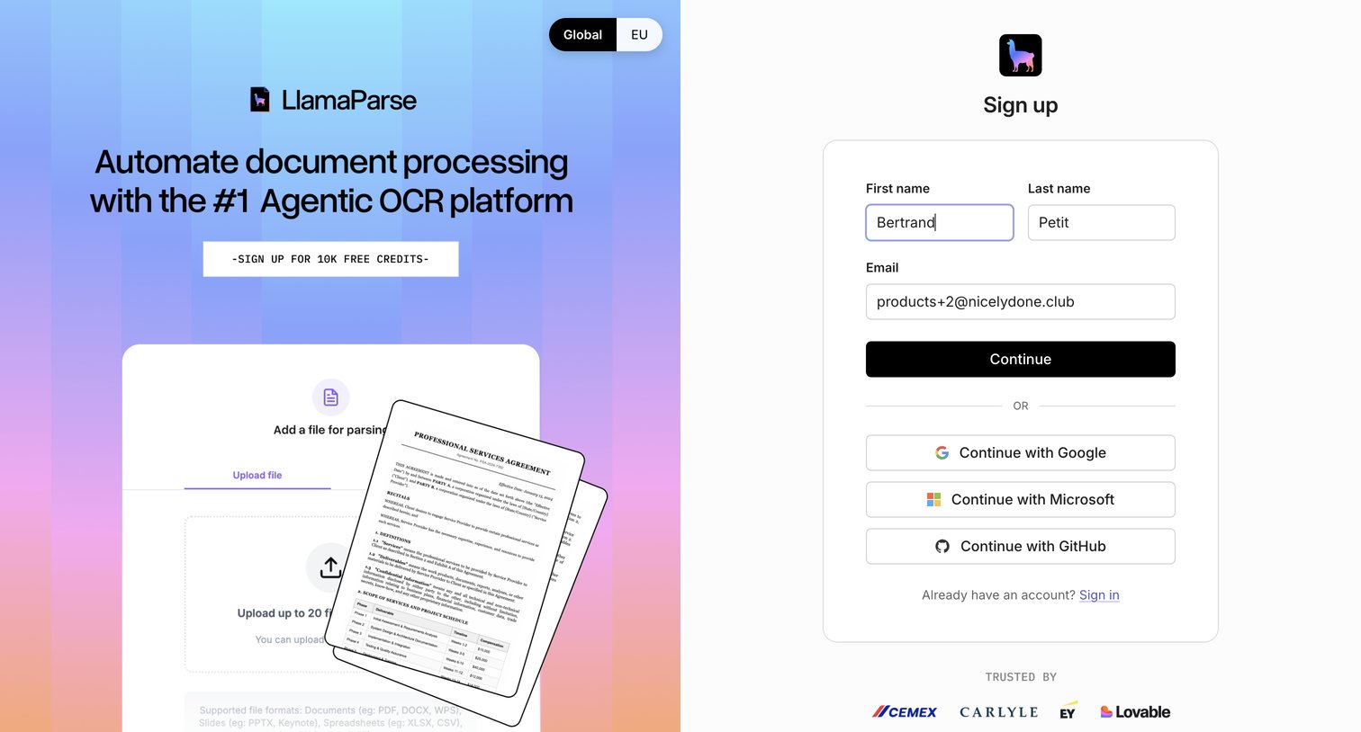 Llamaindex - Sign in screen