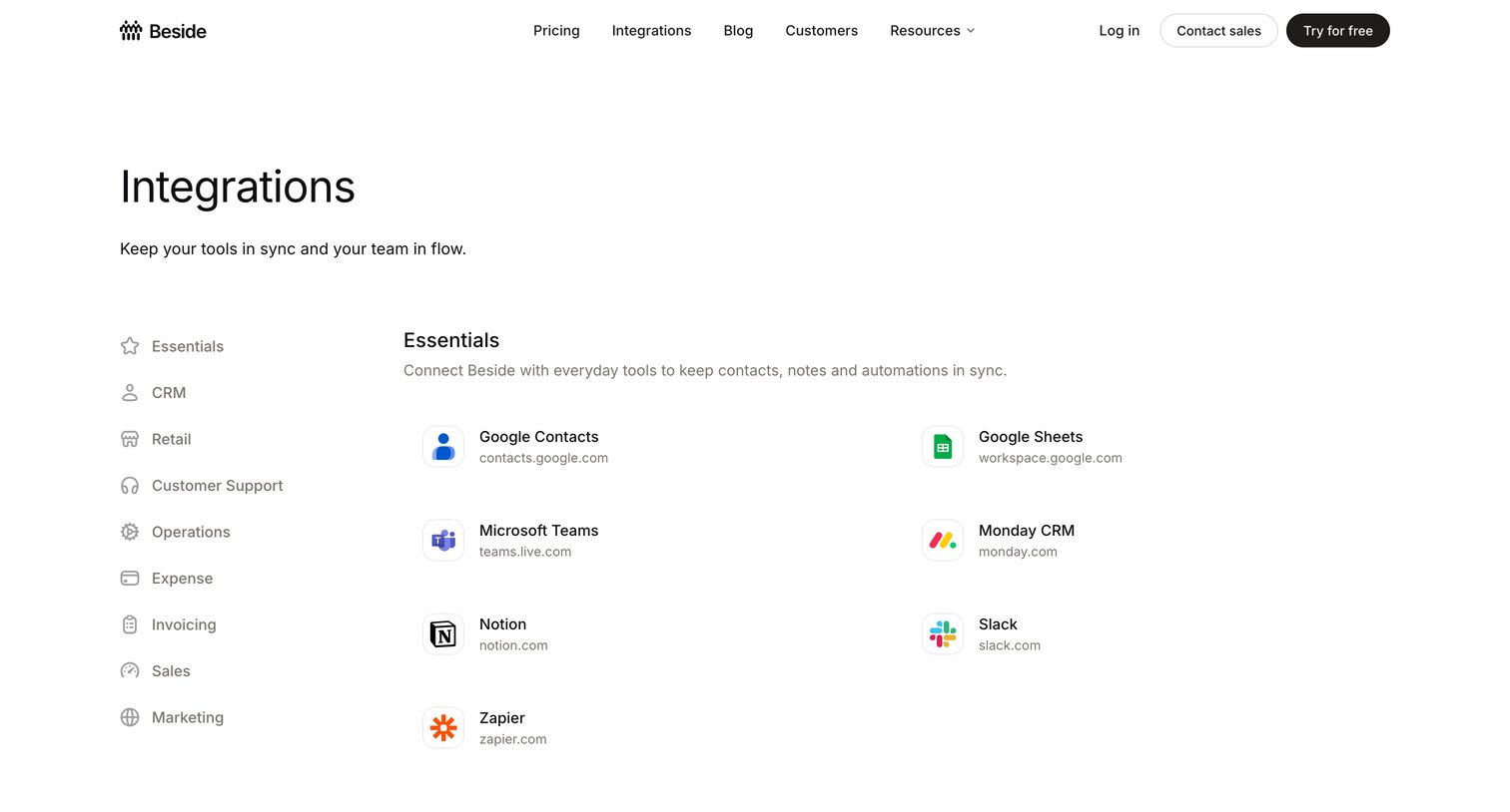 Beside - Integrations screen