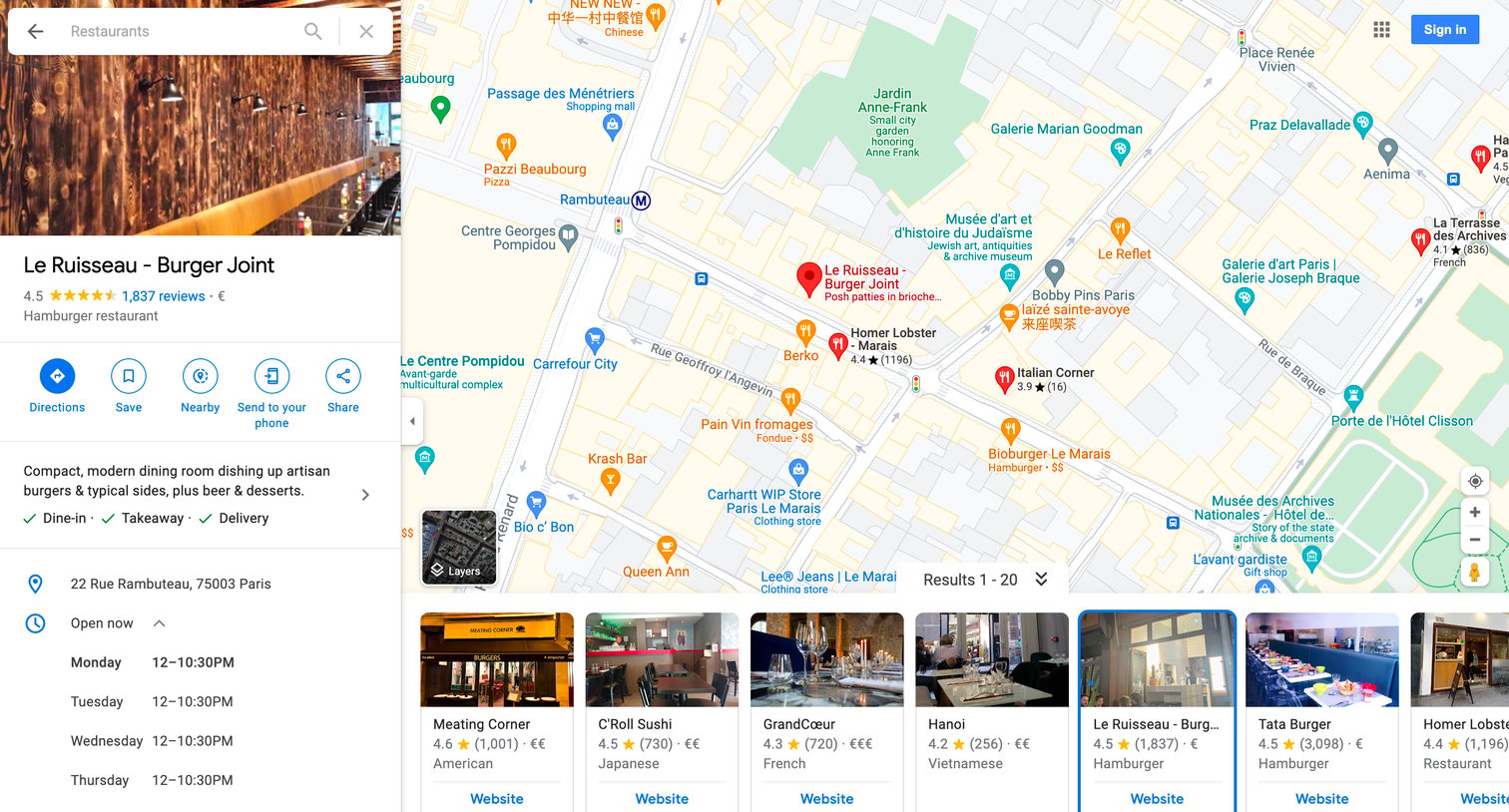 Google maps - Le Ruisseau - Burger Joint - Google Maps screen