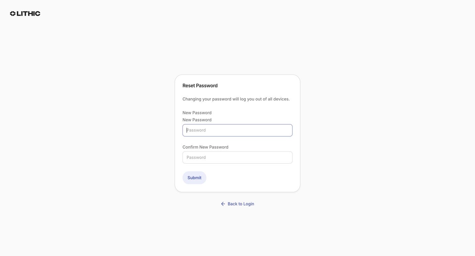 Lithic - Lithic - Reset Password screen