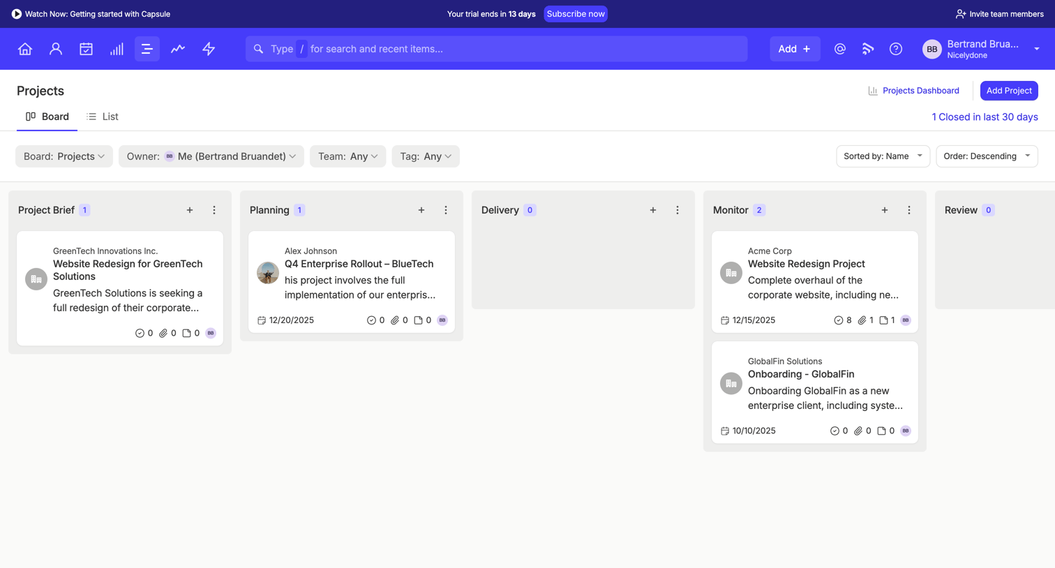 Capsule - Projects Board | Nicelydone CRM screen