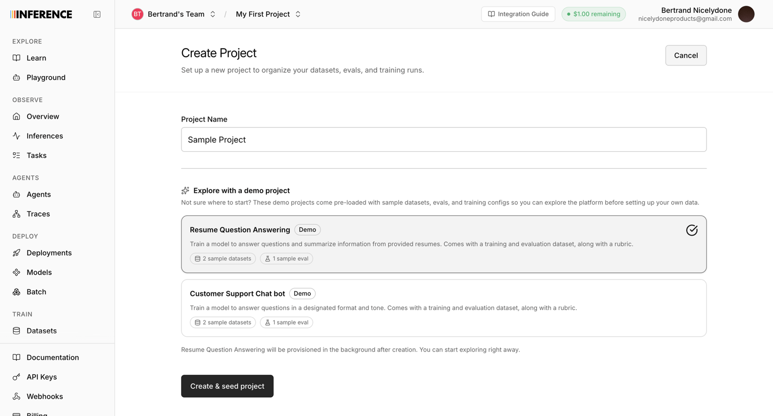 Inference - Dashboard | inference.net screen
