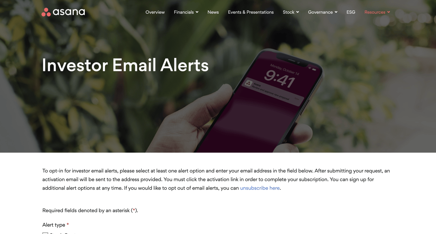 Asana - Investor Email Alerts • Asana, Inc. screen
