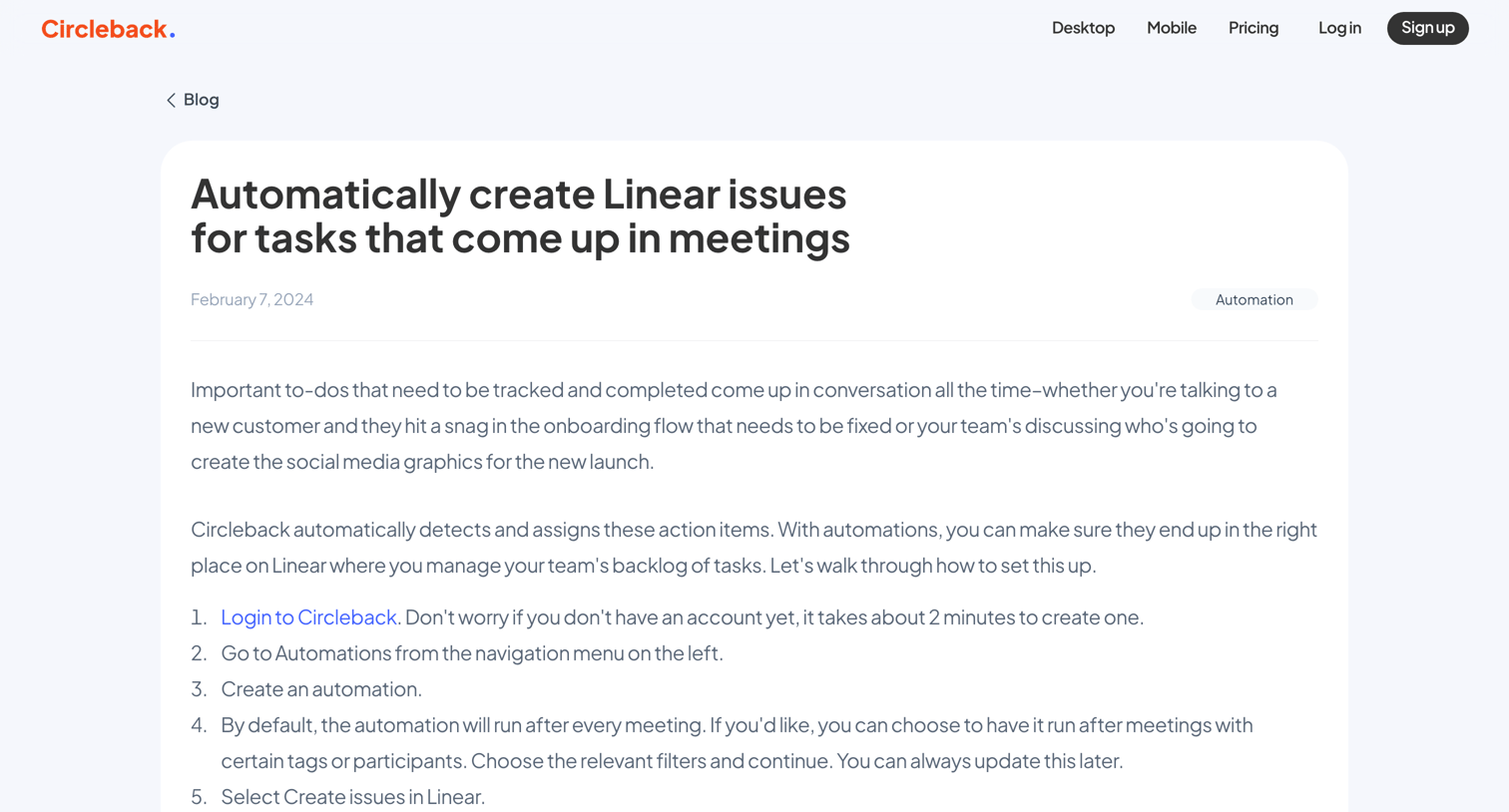 Circleback - Automatically create Linear issues for tasks that come up in meetings - Circleback screen