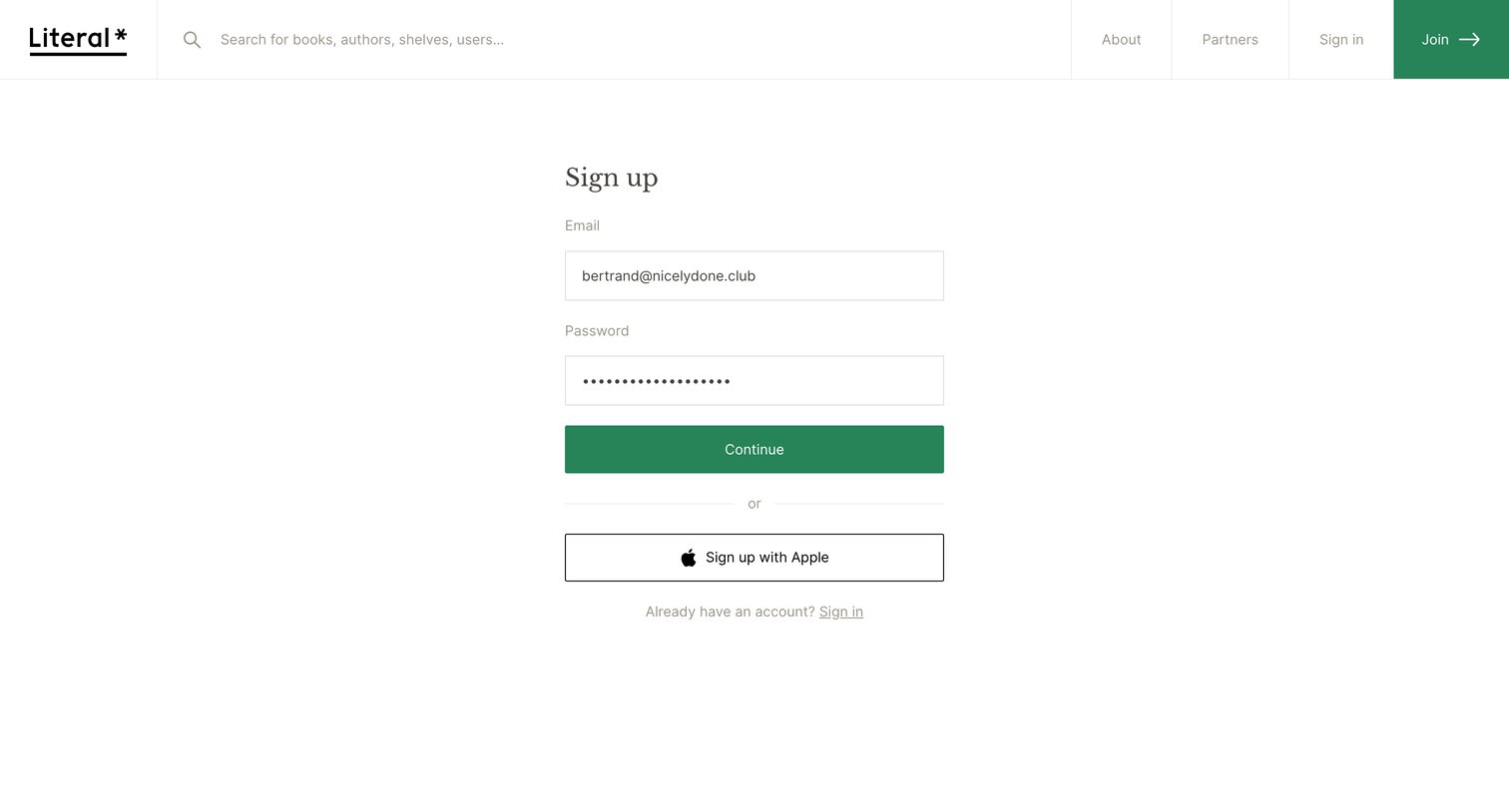 Literal - Sign up | Literal screen