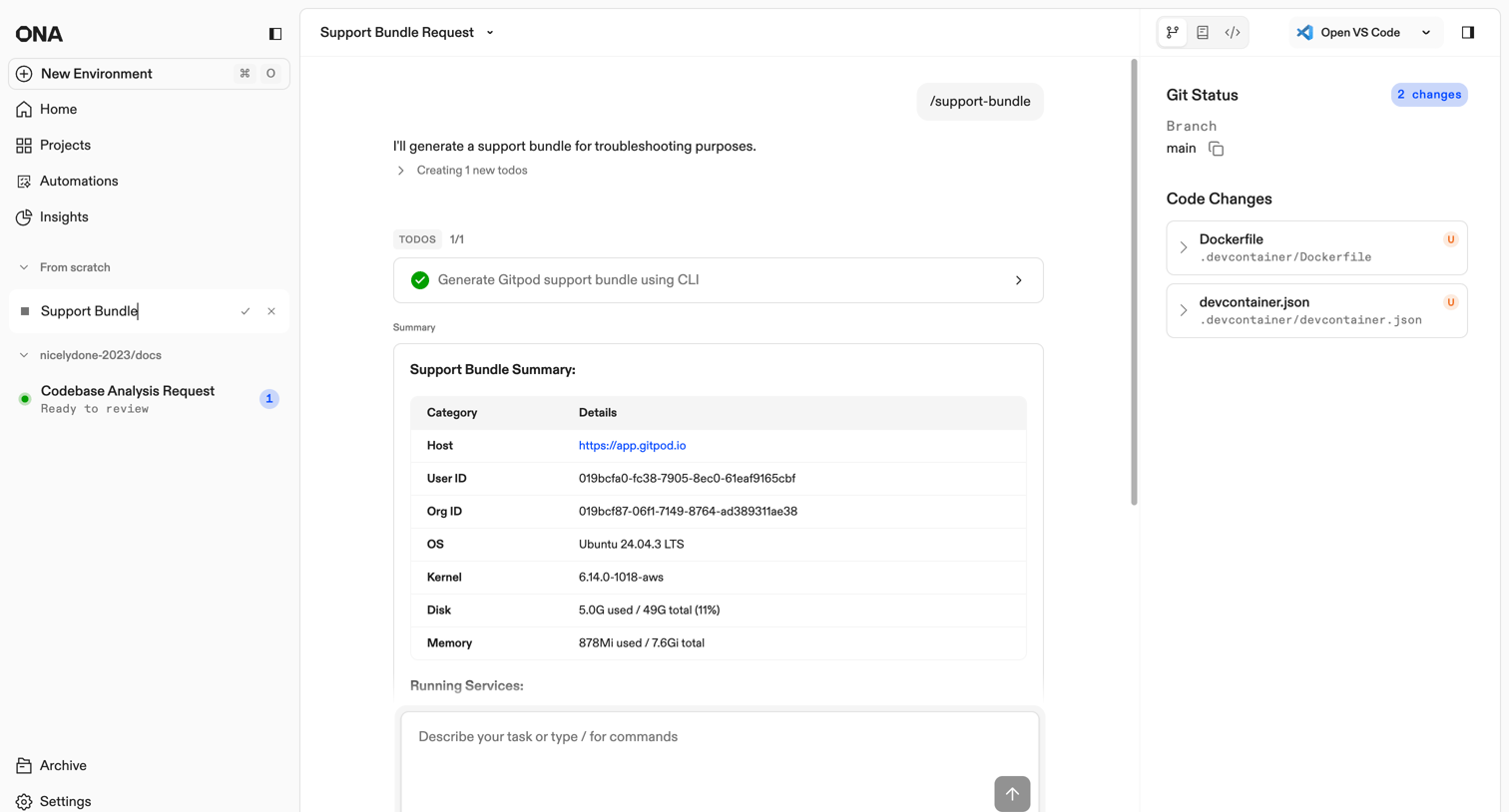 Ona - Support Bundle Request | Ona screen