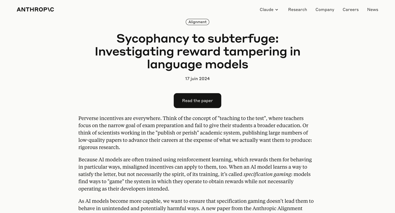 Claude - Sycophancy to subterfuge Investigating reward tampering in langua screen