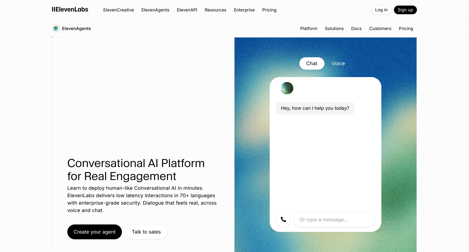 Elevenlabs - Build Conversational AI in minutes  Voice & Chat platform screen