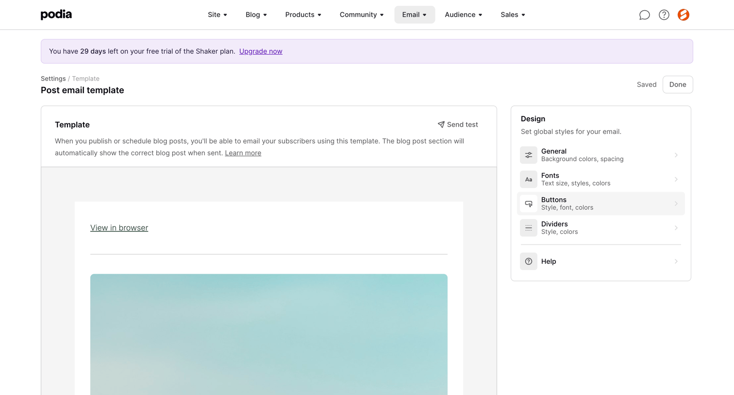 Podia - Podia Post email template screen