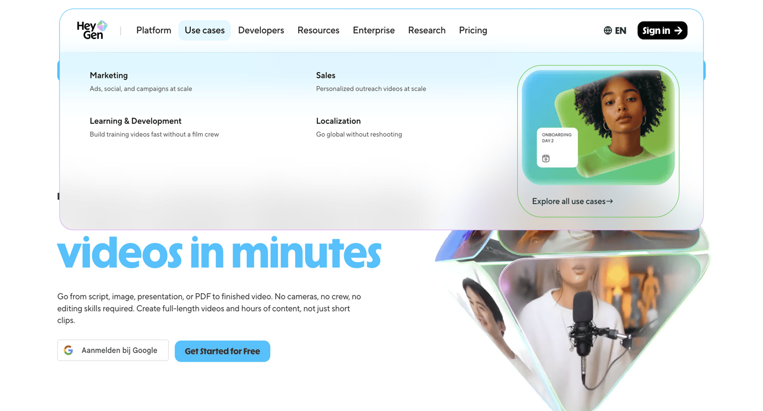 HeyGen - Free AI Video Generator: Create Stunning Videos with AI - Use cases screen