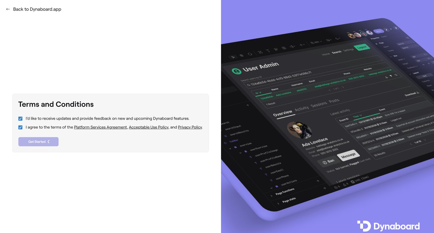Dynaboard - Terms of Service • Dynaboard screen