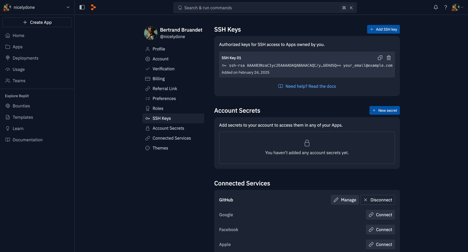Replit - Account - Replit screen
