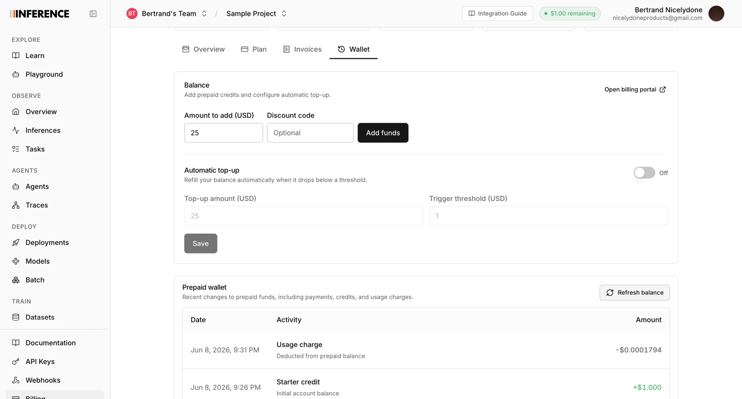 Inference - Dashboard | inference.net screen