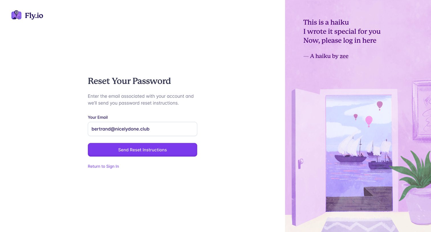 Fly - Reset Password · Fly screen