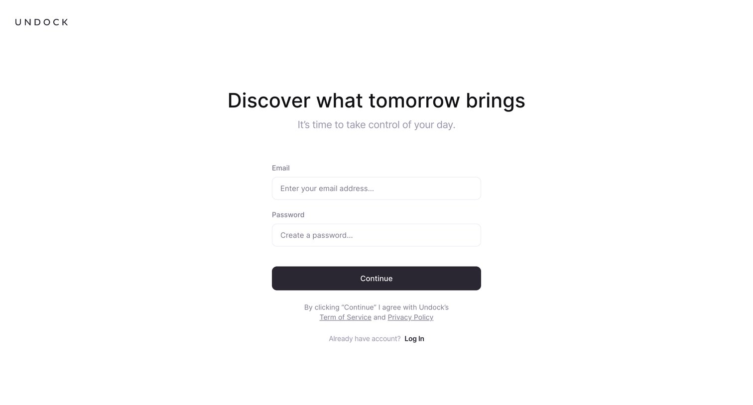Undock - Sign Up | Undock screen