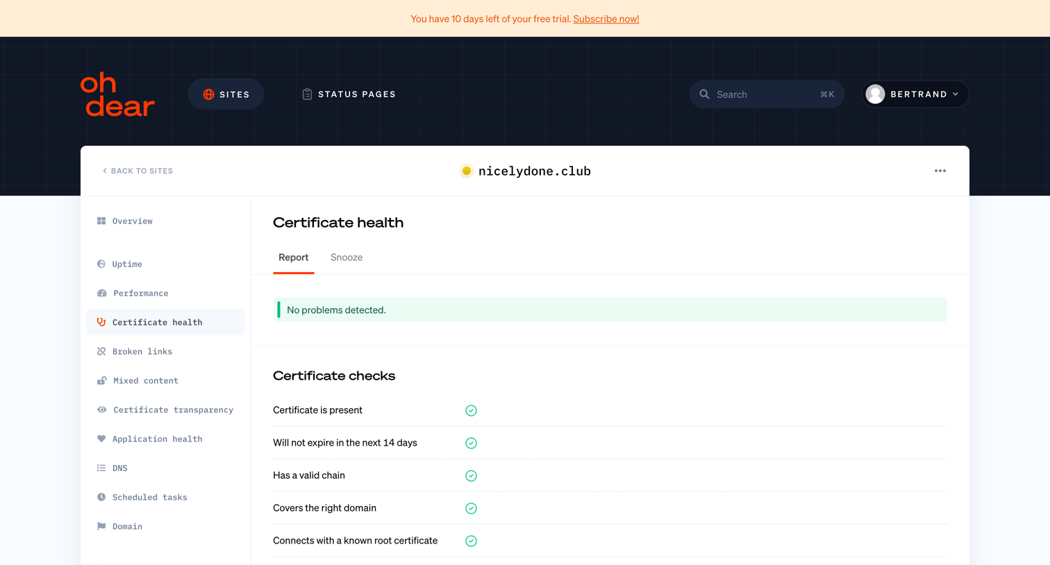 Oh Dear - Certificate health - Oh Dear screen