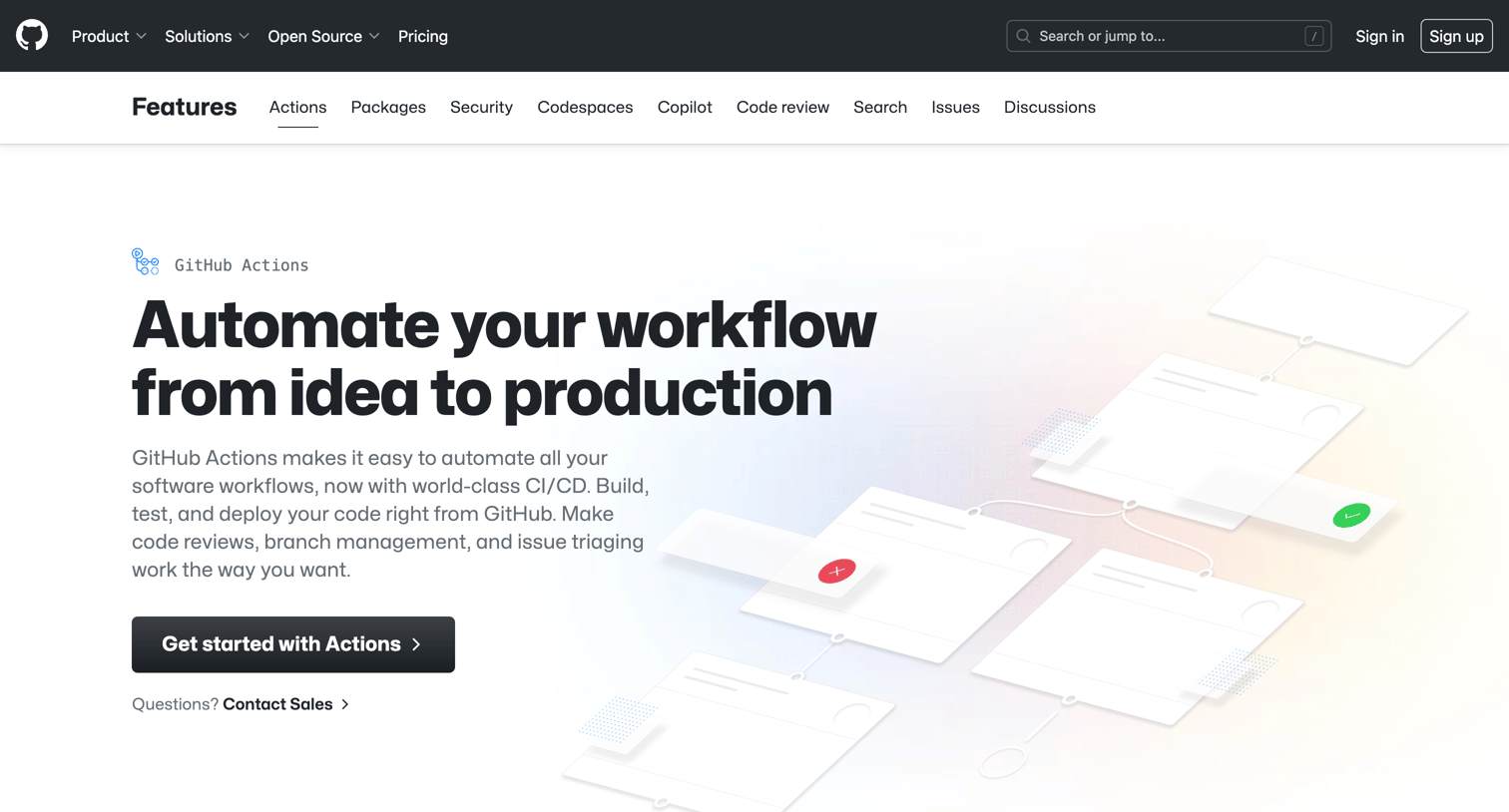 Github - Features • GitHub Actions · GitHub screen