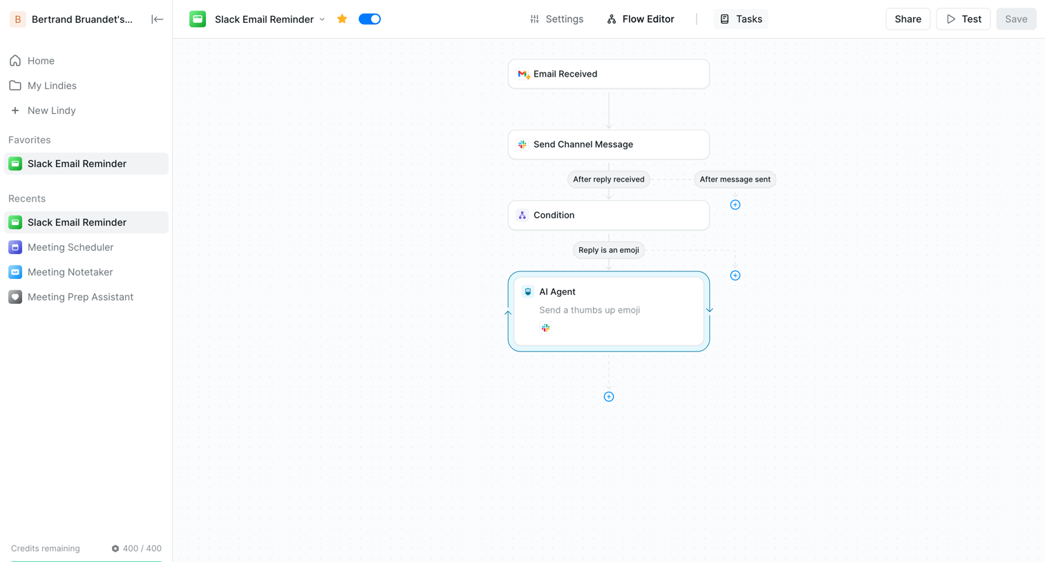 Lindy - Slack Email Reminder - Lindy screen