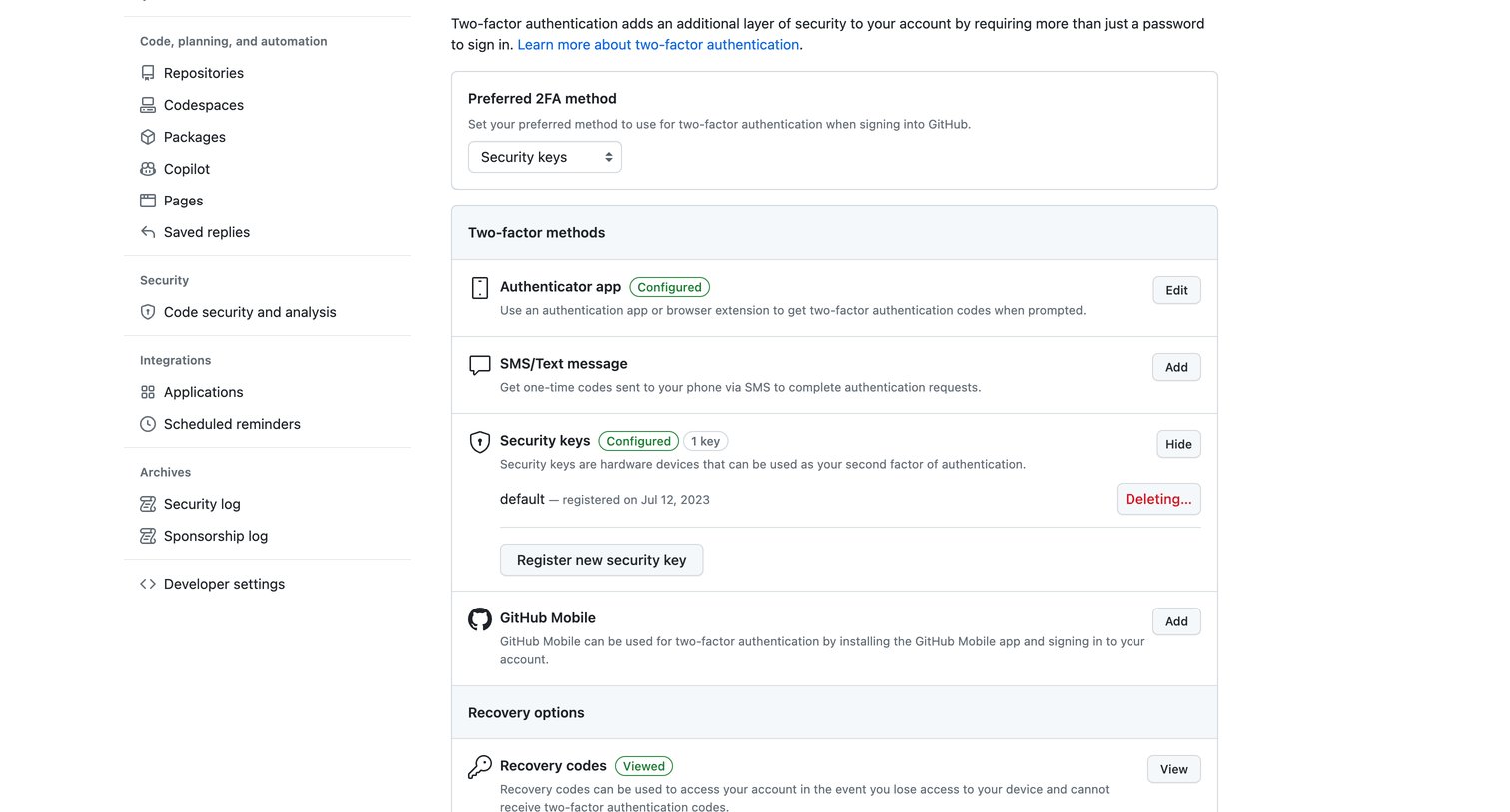 Github - Account security screen