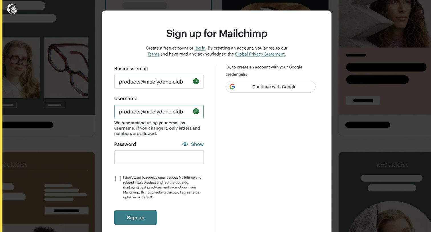 Mailchimp - Sign Up for Mailchimp screen