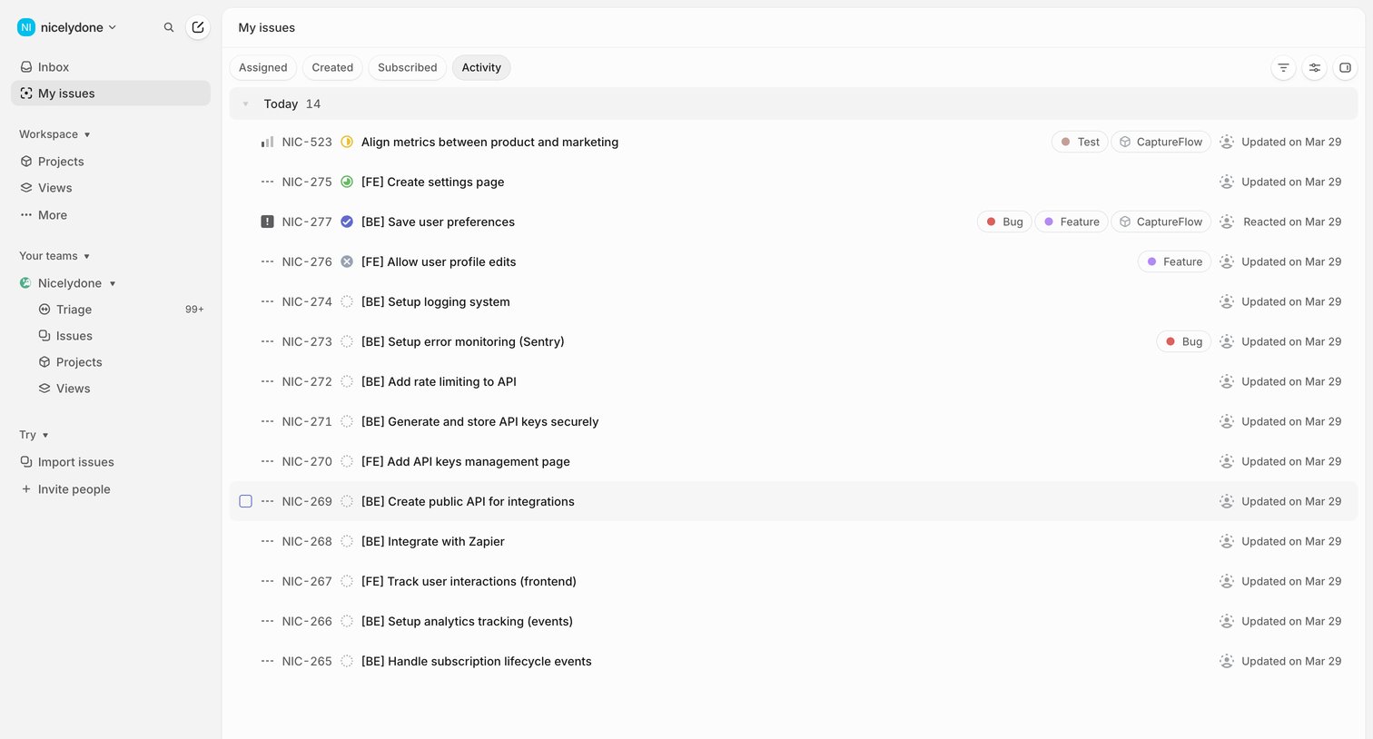 Linear - My issues › Activity screen