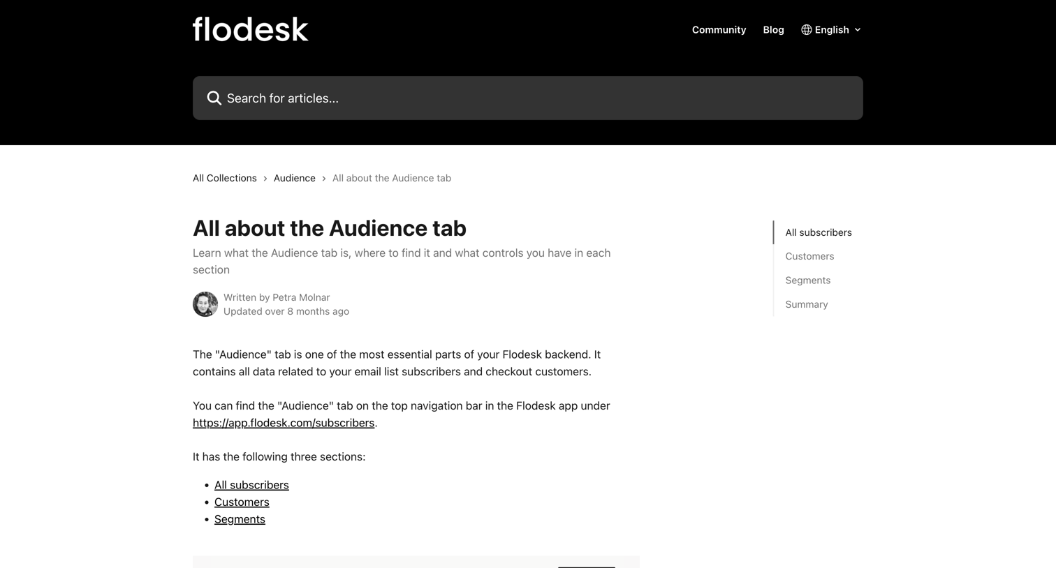 Flodesk - All about the Audience tab | Flodesk Help Center screen