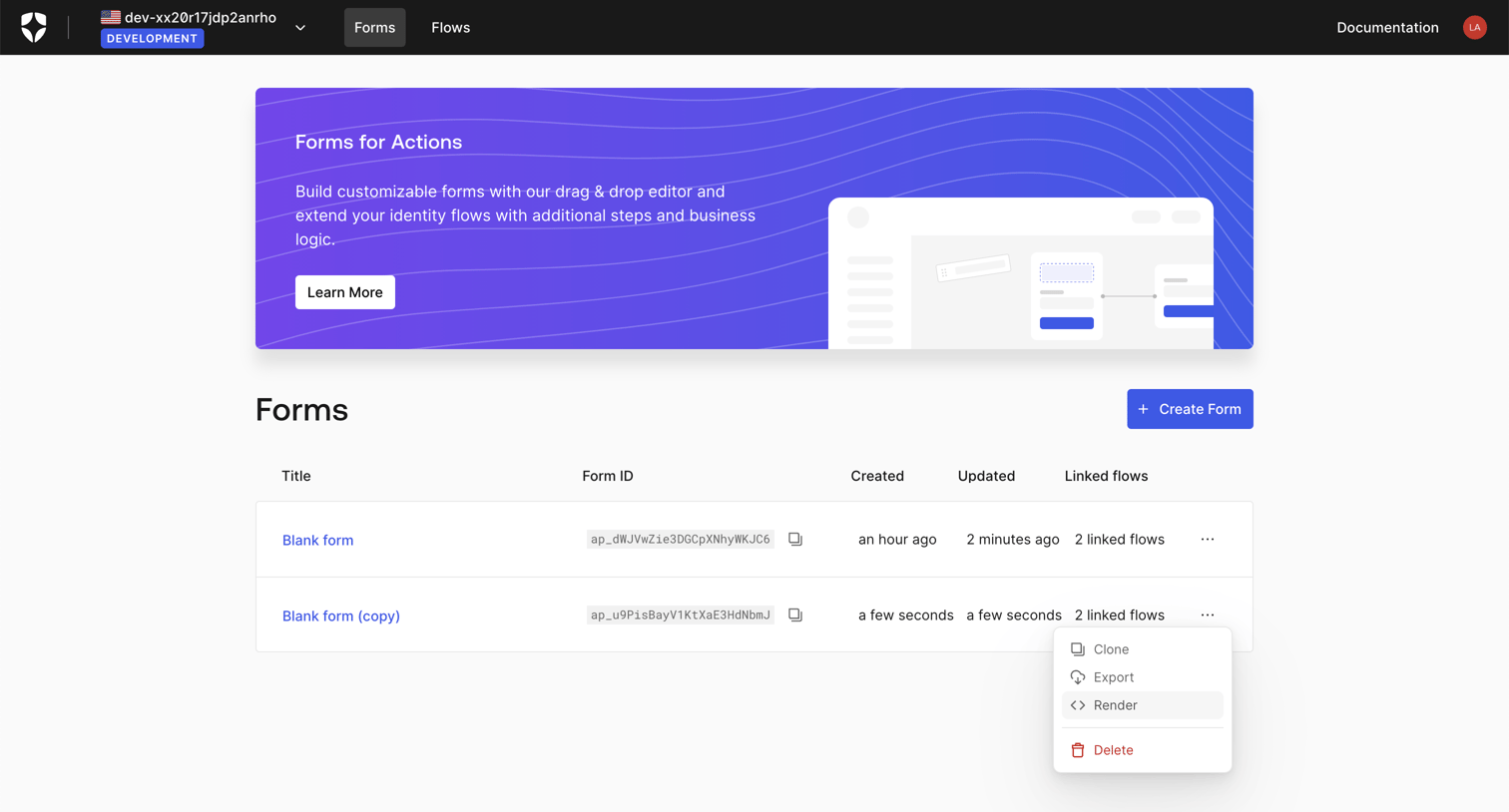 Auth0 - Form List screen