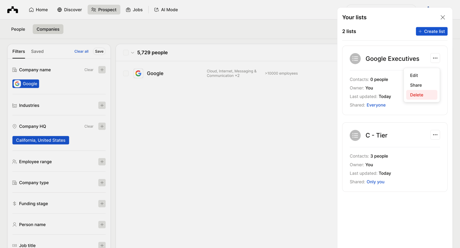 The org - Prospect - Companies | The Org screen