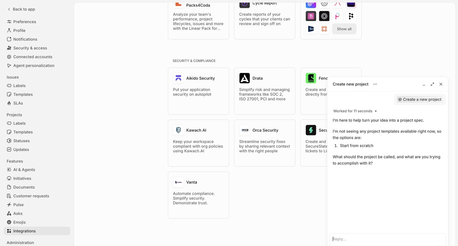 Linear - Integrations screen
