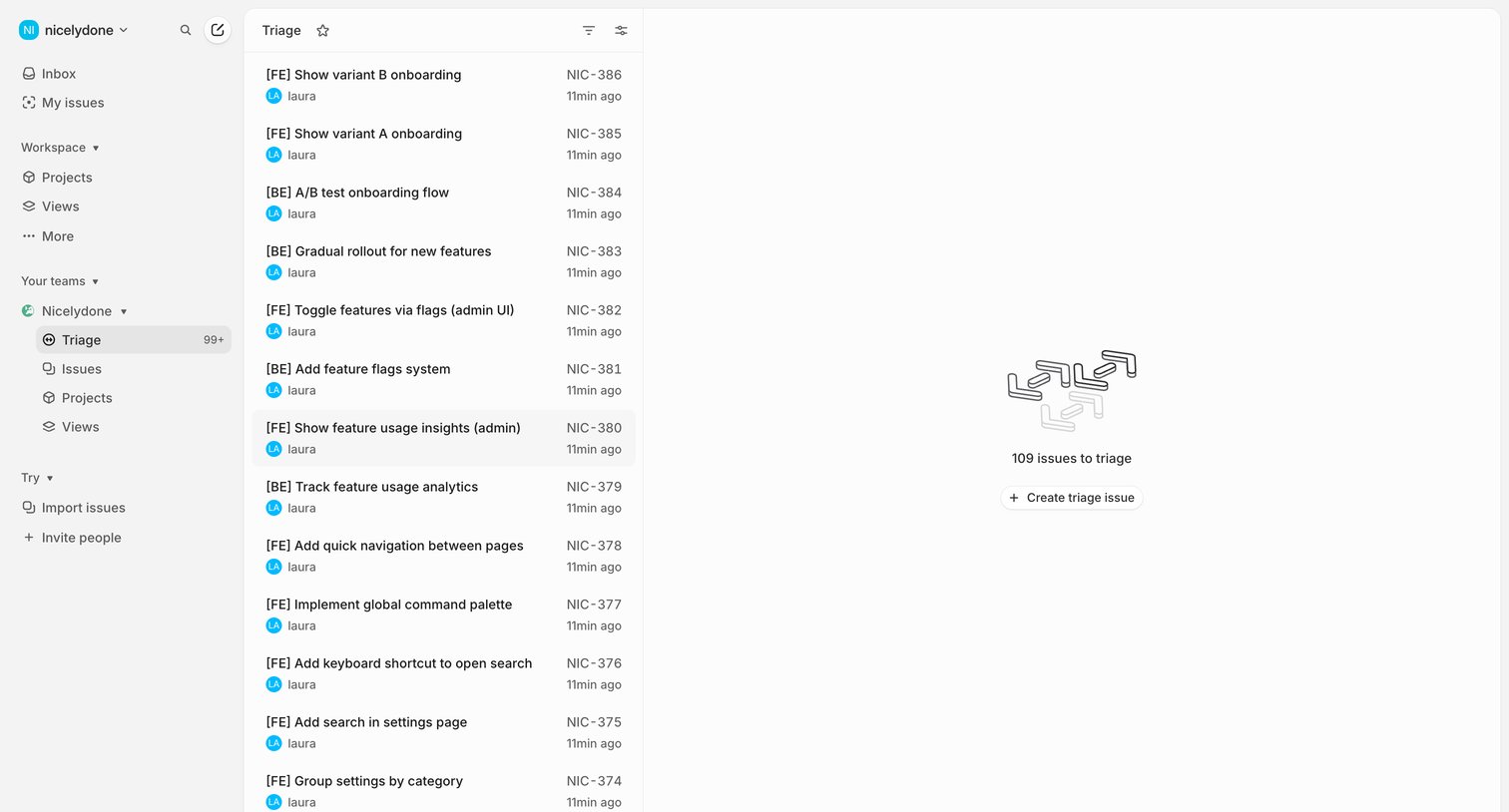 Linear - Nicelydone › Triage (99+) screen