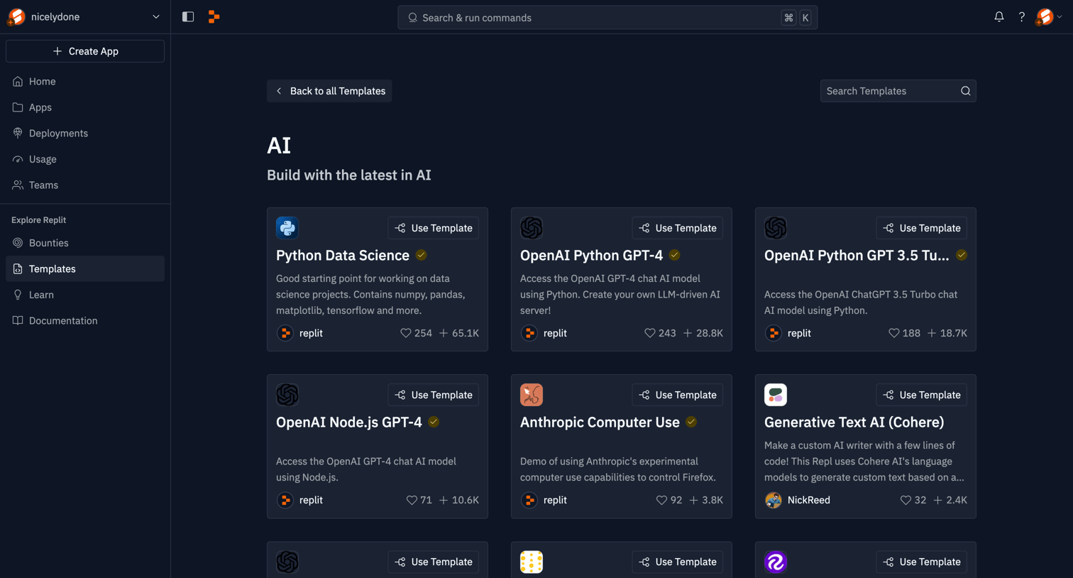 Replit - Templates | AI - Replit screen