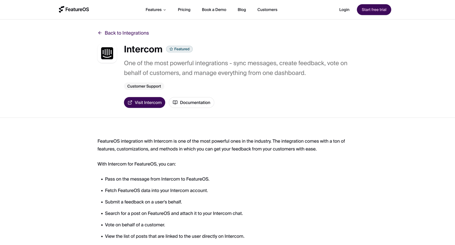 FeatureOS - Intercom Integration - Connect with FeatureOS screen