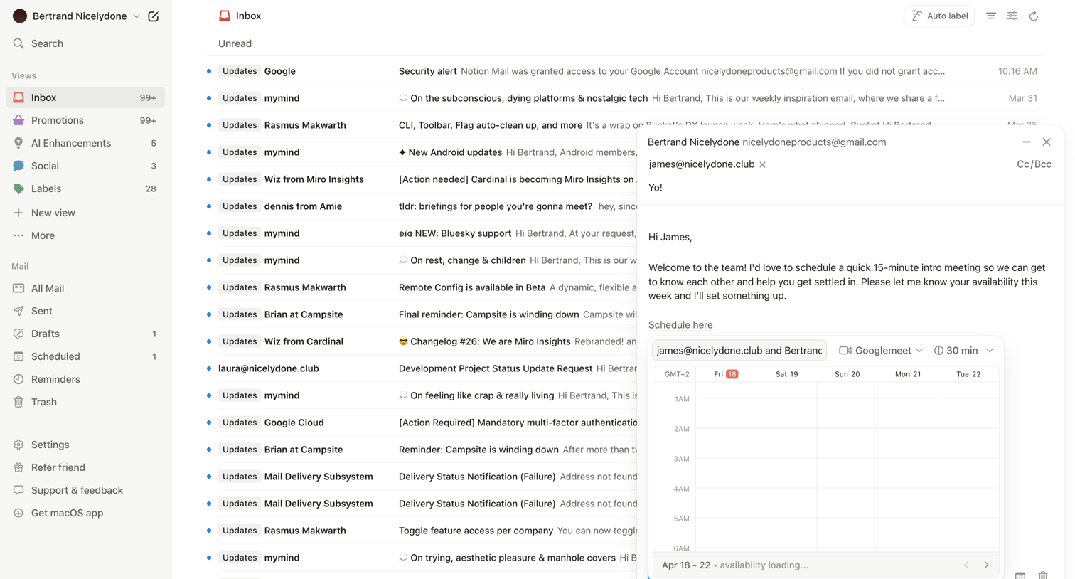 Notion Mail - 99+ • Inbox • nicelydoneproducts@gmail.com • Notion Mail screen