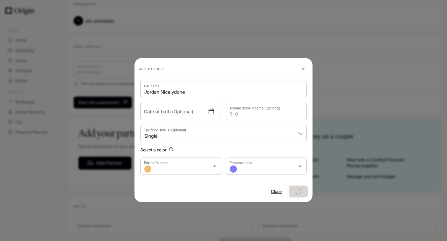 Origin Financial screen