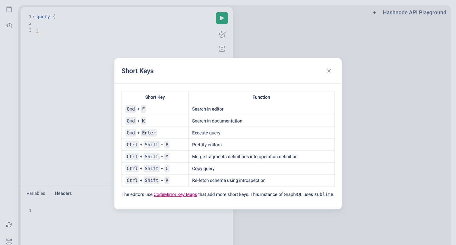 Hashnode - Hashnode API Playground screen