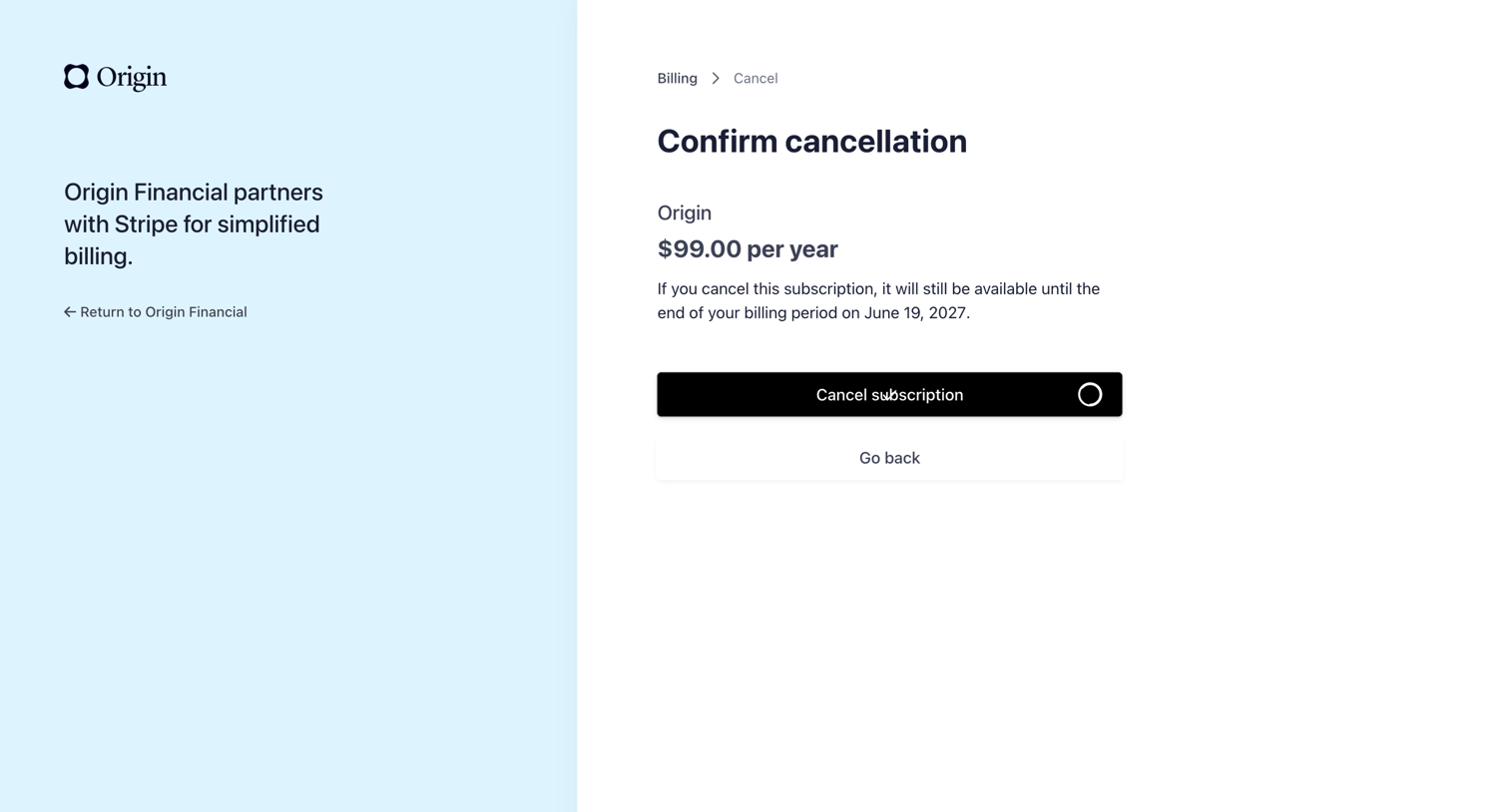 Origin Financial - Cancel subscription | Origin Financial Billing screen