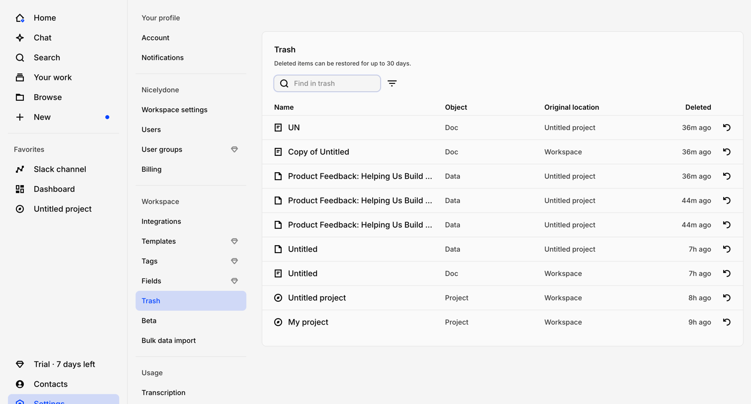 Dovetail - Trash – Workspace settings – Dovetail screen