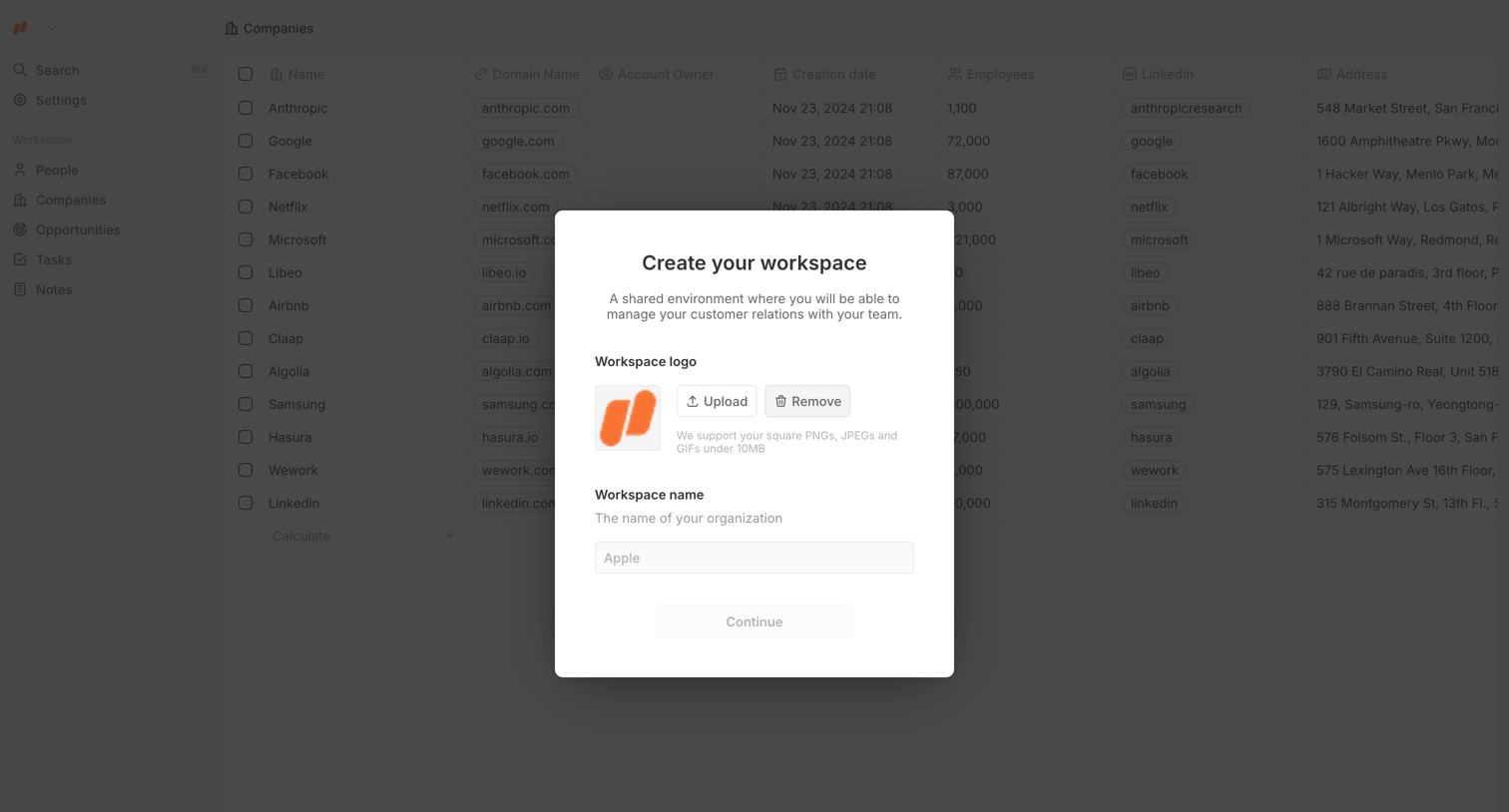 Twenty - Create Workspace screen