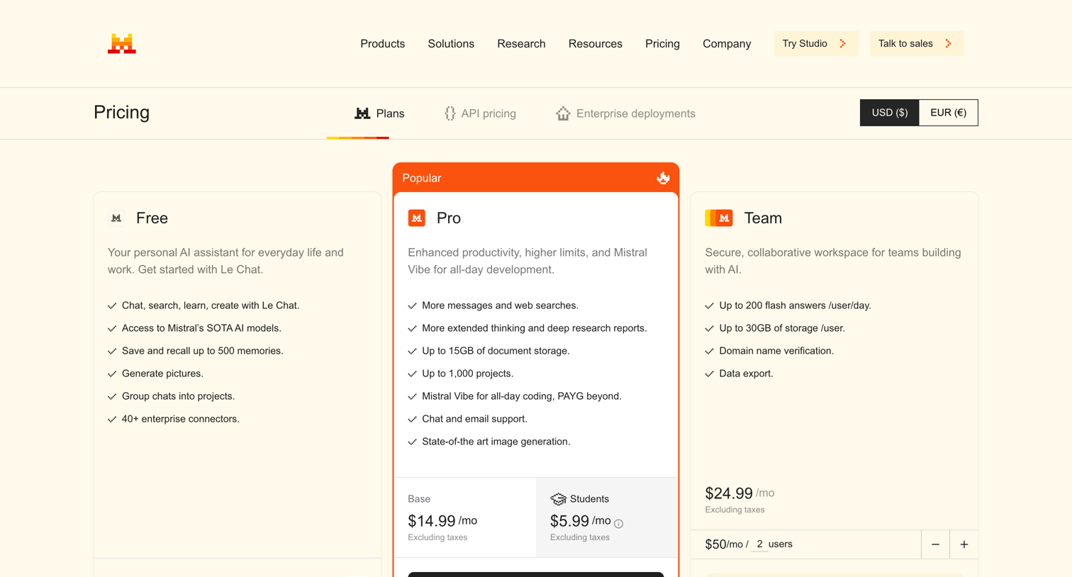 Mistral - Pricing  Mistral AI screen