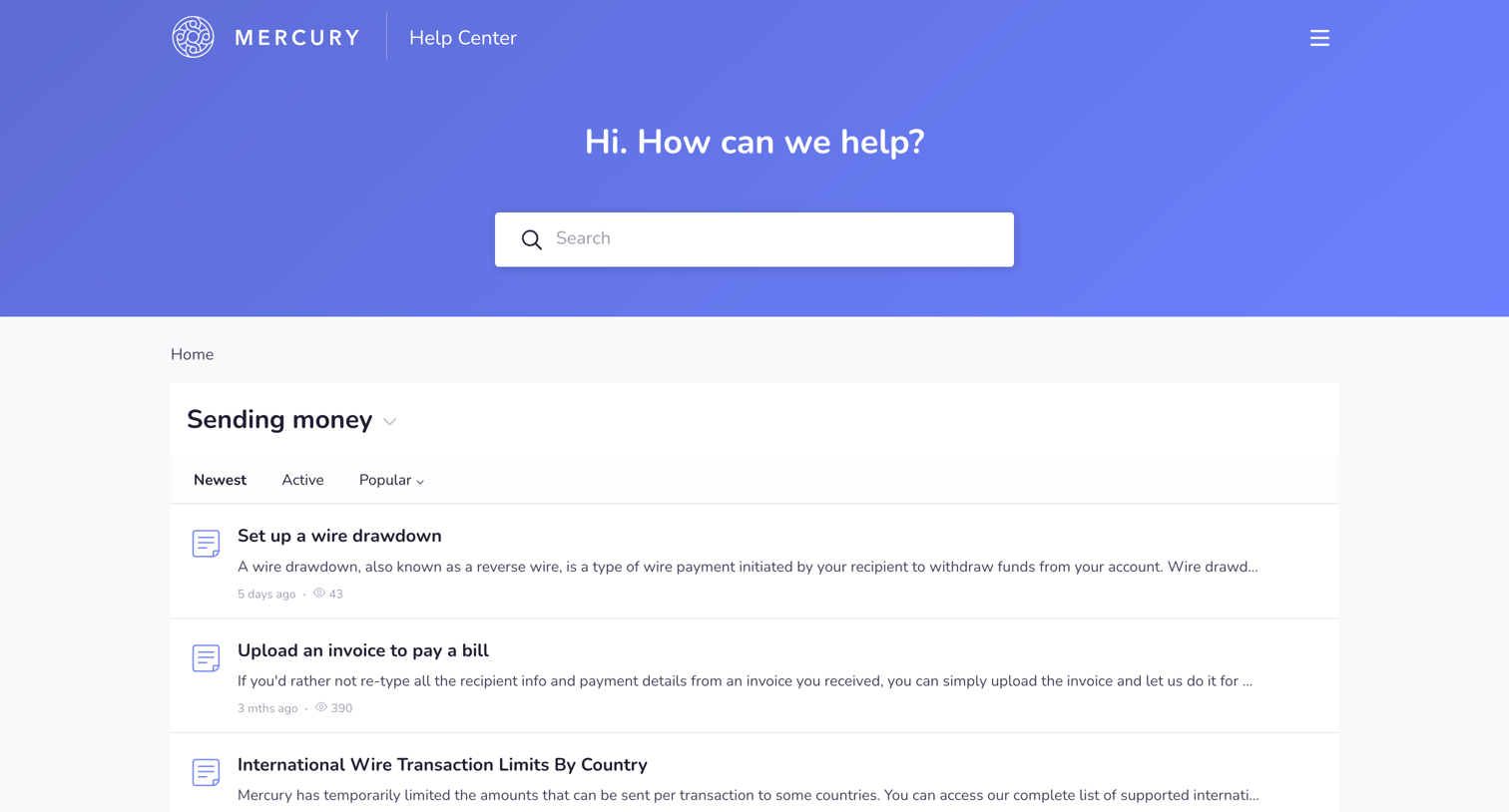 Mercury - Sending money - Mercury Help Center screen