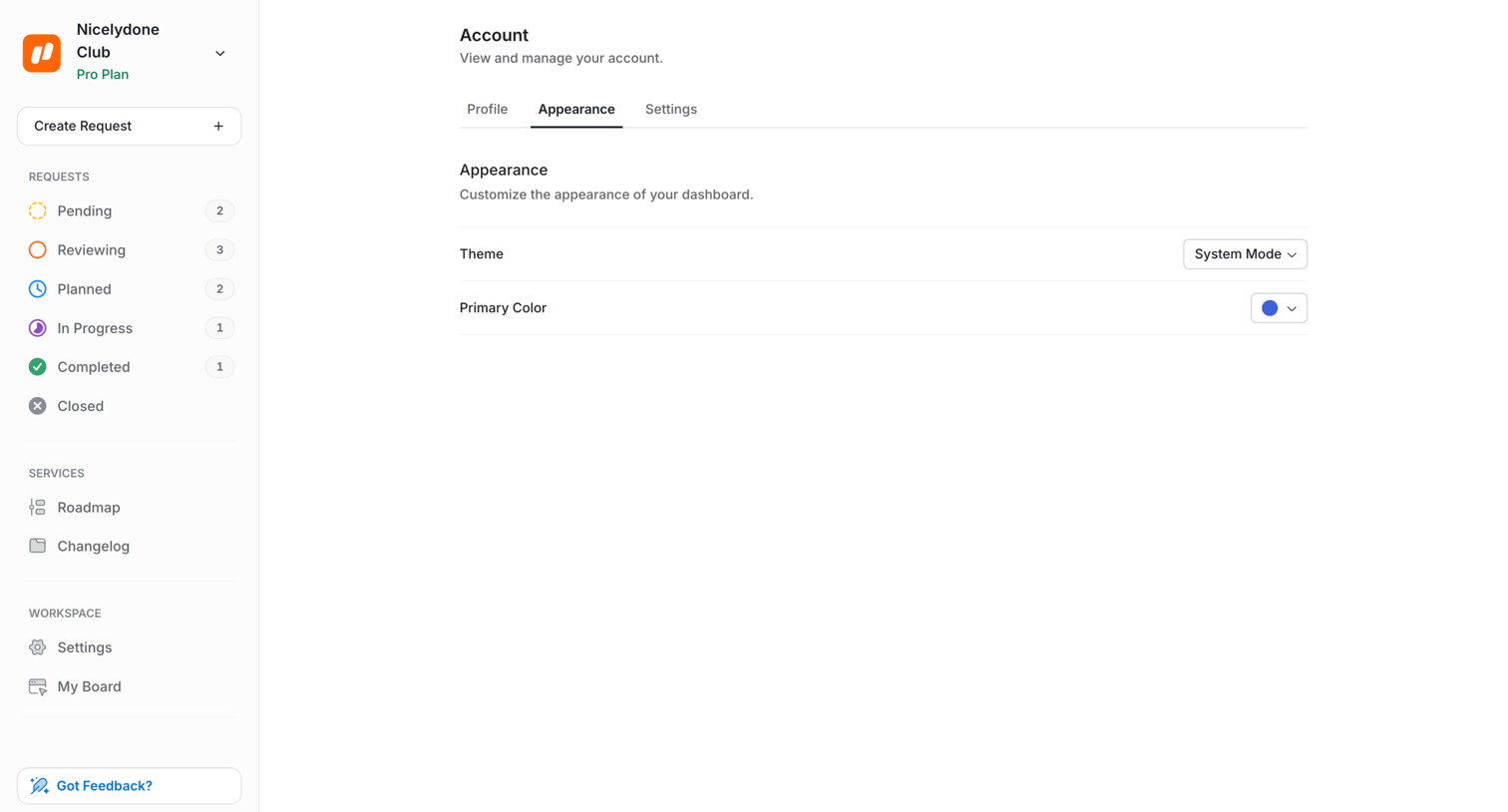 UserJot - Appearance Settings | UserJot screen