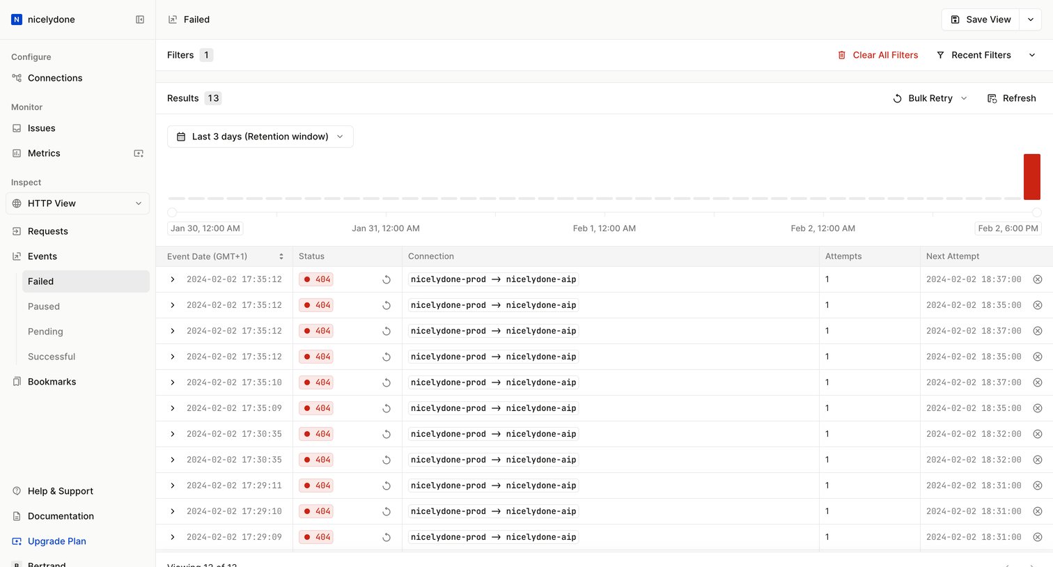Hookdeck - Events - Failed - Hookdeck screen