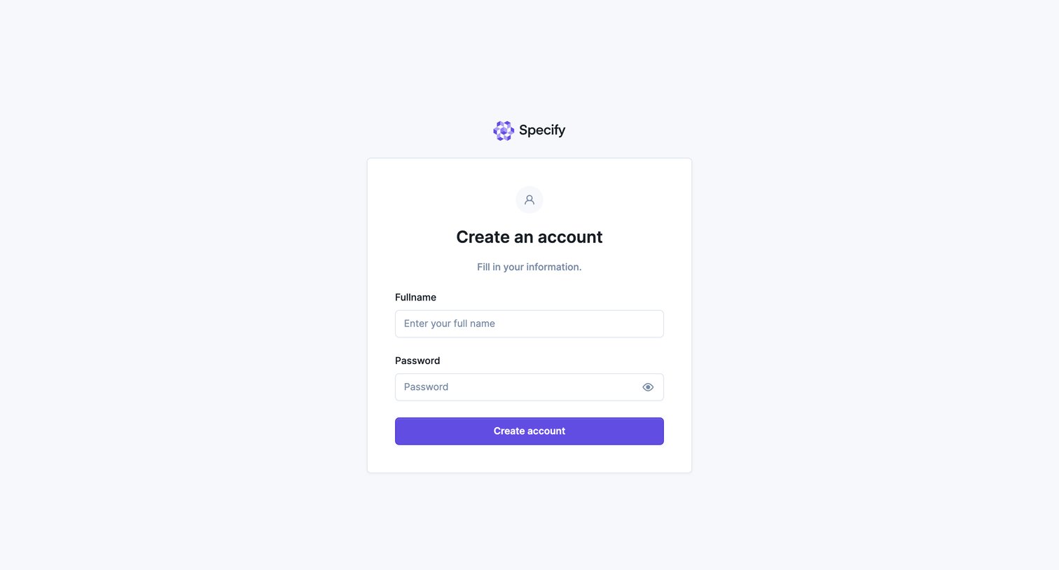 Specify - Specify · Create an account screen