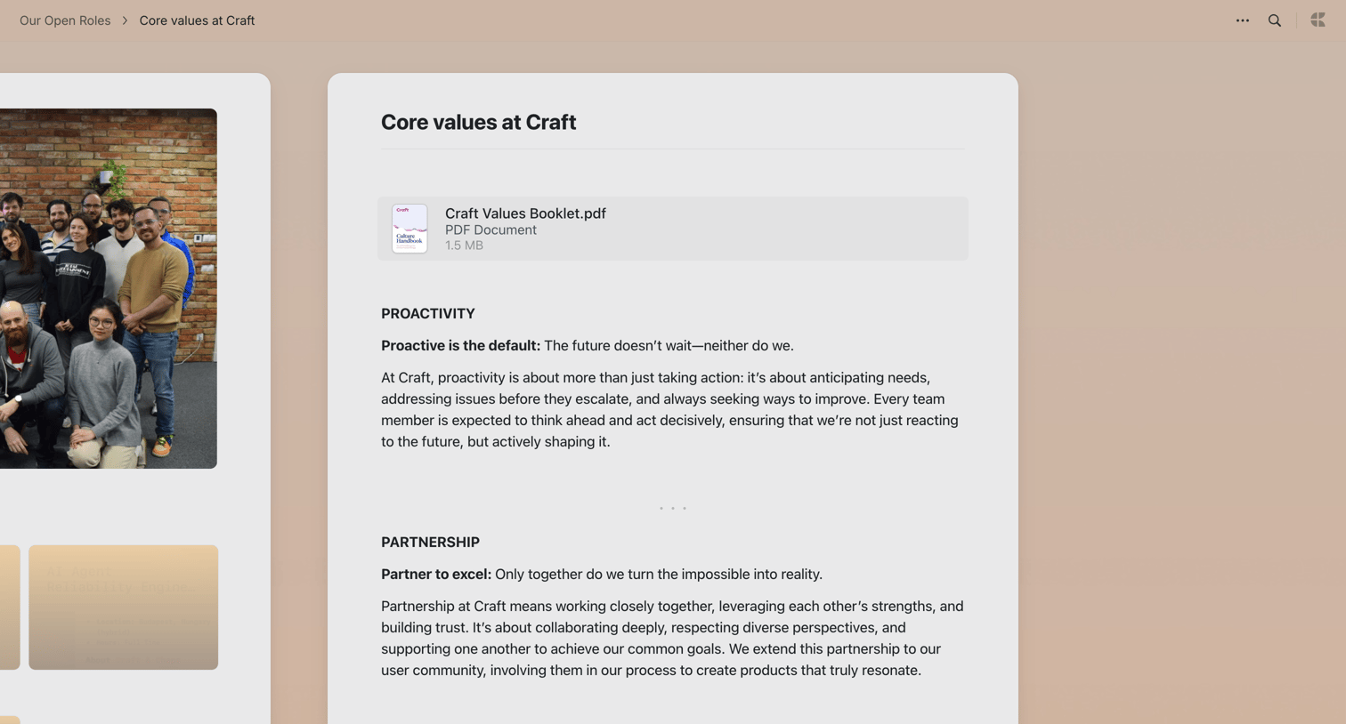 Craft - Core values at Craft screen
